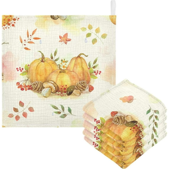 Coolnut 5 PCS Pumpkins Autumn Treasures Baby Muslin Washcloths, Vintage Style Face Towel Burp Cloths Ultrasoft Absorbent Cotton Bath Wipes Towels for Newborn Boys Girls