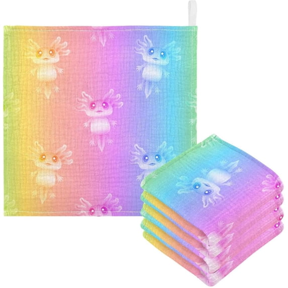 Coolnut 5 PCS Rainbow Axolotls Baby Muslin Washcloths, Face Towel Burp Cloths Ultrasoft Absorbent Cotton Bath Wipes Towels for Newborn Boys Girls