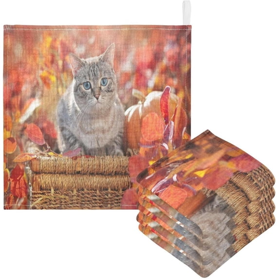 Coolnut 5 PCS Tabby Cat Autumn Baby Muslin Washcloths, Red Maple Leaves Face Towel Burp Cloths Ultrasoft Absorbent Cotton Bath Wipes Towels for Newborn Boys Girls