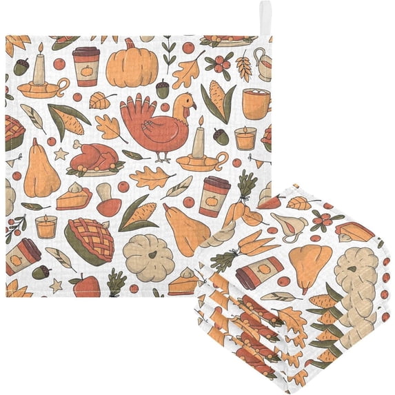 Coolnut 5 PCS Thanksgiving Pie Turkey Cartoon Baby Muslin Washcloths, Pumpkin Leaves Face Towel Burp Cloths Ultrasoft Absorbent Cotton Bath Wipes Towels for Newborn Boys Girls
