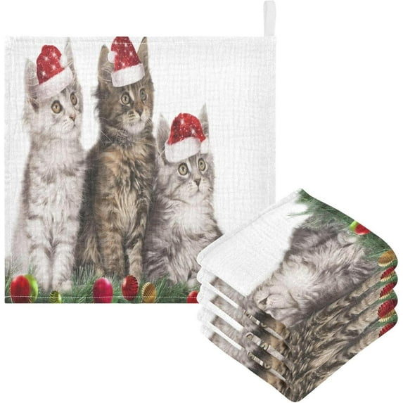 Coolnut 5 PCS Three Cute Christmas Kitten Baby Muslin Washcloths, Santa Hat Balls Face Towel Burp Cloths Ultrasoft Absorbent Cotton Bath Wipes Towels for Newborn Boys Girls
