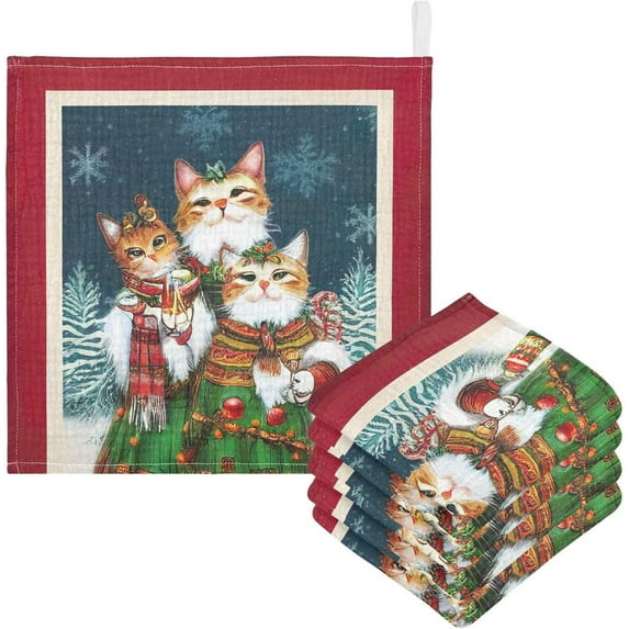 Coolnut 5 PCS Vintage Cats Christmas Baby Muslin Washcloths, Winter Snowflake Face Towel Burp Cloths Ultrasoft Absorbent Cotton Bath Wipes Towels for Newborn Boys Girls