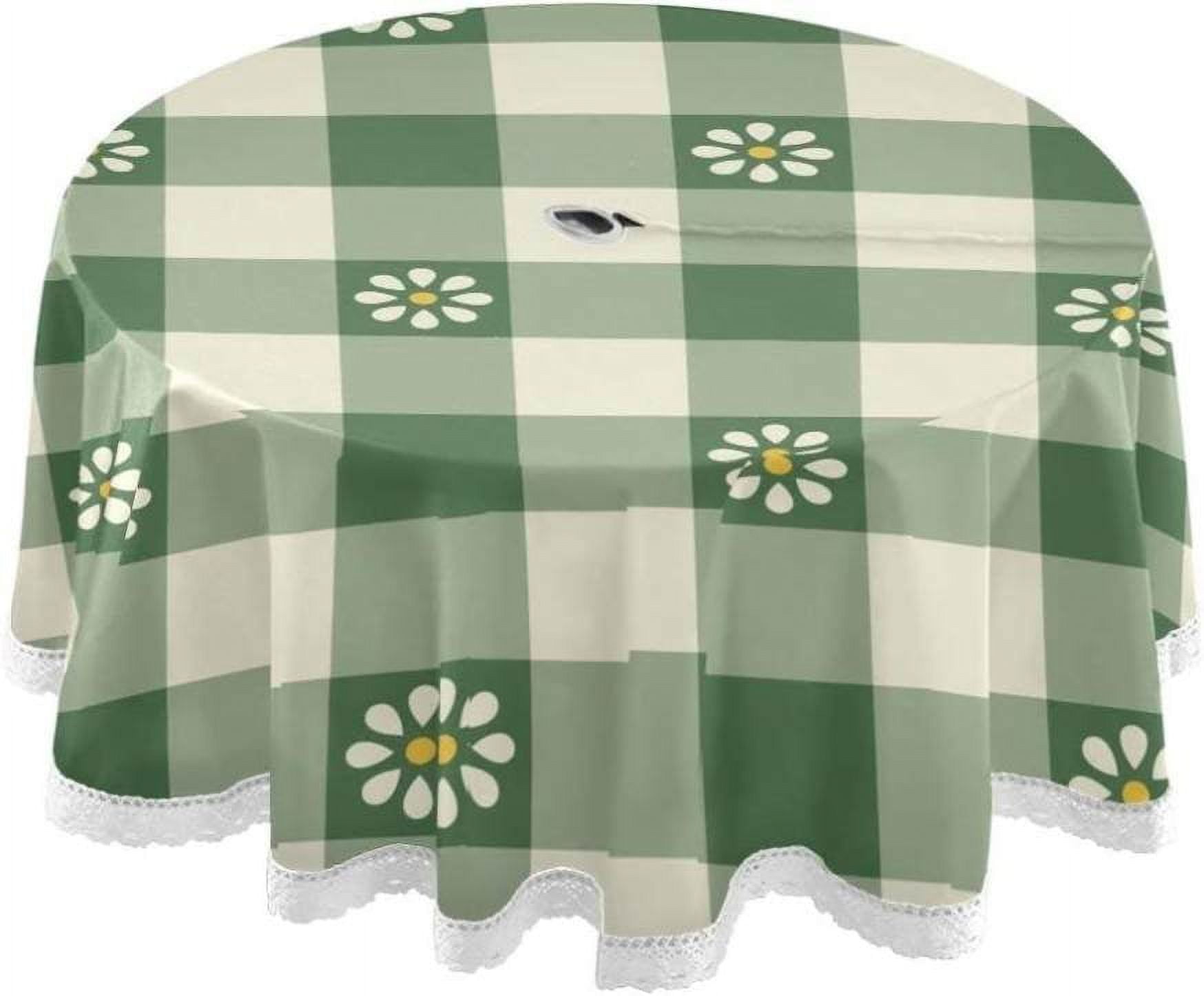 Coolnut 60" Green Plaid Daisies Outdoor Round Tablecloth, Waterproof ...
