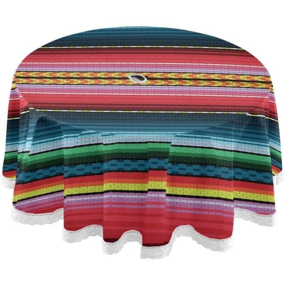 Coolnut 60" Mexican Serape Stripes Colorful Outdoor Round Tablecloth, Waterproof Stain-Resistant Non-Slip Circular Tablecloth with Umbrella Hole and Zipper for Tabletop Backyard Party BBQ Decor