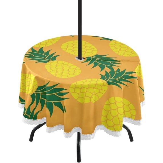 Coolnut 60" Orange Color Pineapple Outdoor Round Tablecloth, Waterproof Stain-Resistant Non-Slip Circular Tablecloth with Umbrella Hole and Zipper for Tabletop Backyard Party BBQ Decor