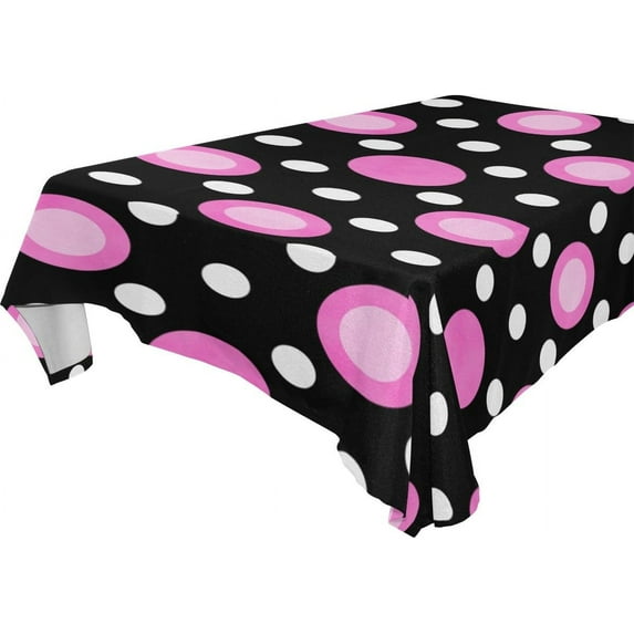Coolnut 60"x108" Tablecloth Pink White Polka Dot On Black Modern Table Cover for Home Decoration Spill Proof Cloth Washable for Dinner Picnic