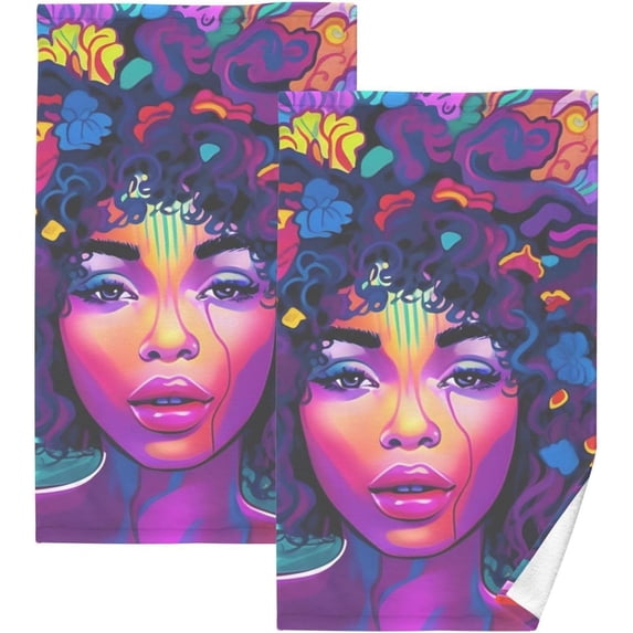Coolnut African Woman Purple Bathroom Towels 2 Pieces 16×28 inches, Cotton Bath Towel Water Absorbent Lightweight Quickdry Towels for Bathroom Ktichen Travel Gym