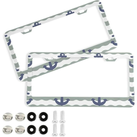 Coolnut Anchor Stripes 2 Holes Car License Plate Frames 2PCS, Car License Plate Holder with Screw Caps Cover Set Automotive Exterior Parts Decoration for US Vehicles