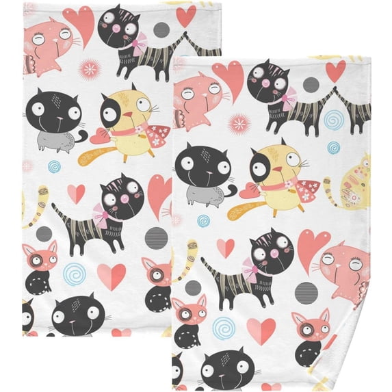 Coolnut Anime Cats in Love Patterned Hand Towels 2 PCS, Cotton Bath Towel for Drying Face Hands Body Decorative Water Absorbent Lightweight Towels for Bathroom Ktichen Travel Gym, 16"x28"