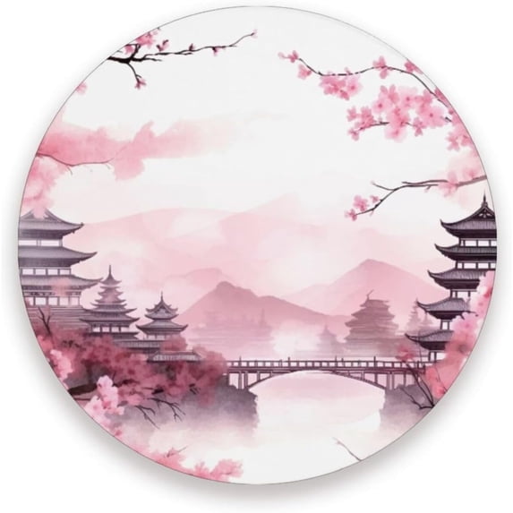 Coolnut Asian Style Pink Coaster, Drinks Round Absorbent Stone Set with Ceramic Stone and Cork Base, Tabletop Protection Mats and Cups Place for 2PCS Home Decor