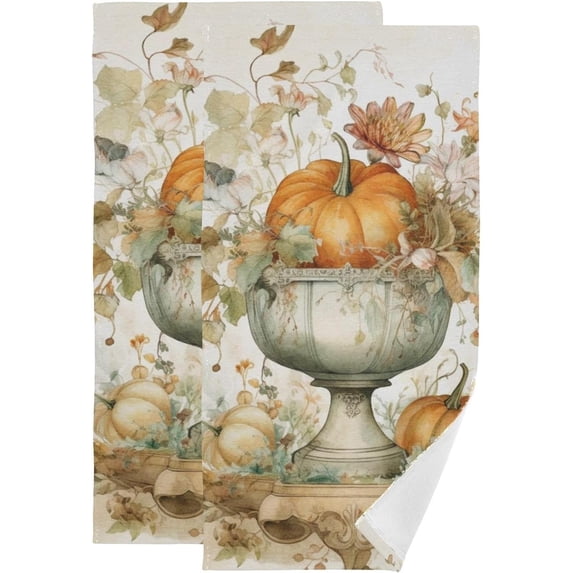 Coolnut Autumn Pumpkin Floral Hand Towels 2 PCS, Ultra Soft and Highly Absorbent, Retro Watercolor Fall Decorative Fingertip Towel for Home, Bathroom, Kitchen, 28.3"x14.4"