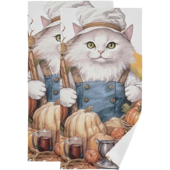 Coolnut Autumn Thanksgiving Cat Dish Towels Kitchen Towel 2 PCS, Fall Pumpkin Hand Towels Ultra Soft and Highly Absorbent,Decorative Fingertip Face Towel for Bathroom Hotel, 28.3"x14.4"