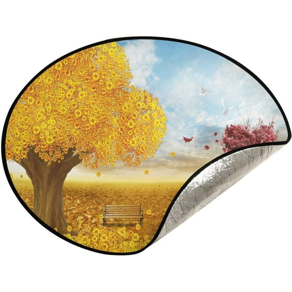 Coolnut Autumn Tree Coins Bird Christmas Tree Mats Waterproof Tree Skirt, Fall Red Yellow Xmas Tree Stand Tray Mat Floor Protector Pad for Holiday Party Decoration, 28.3"