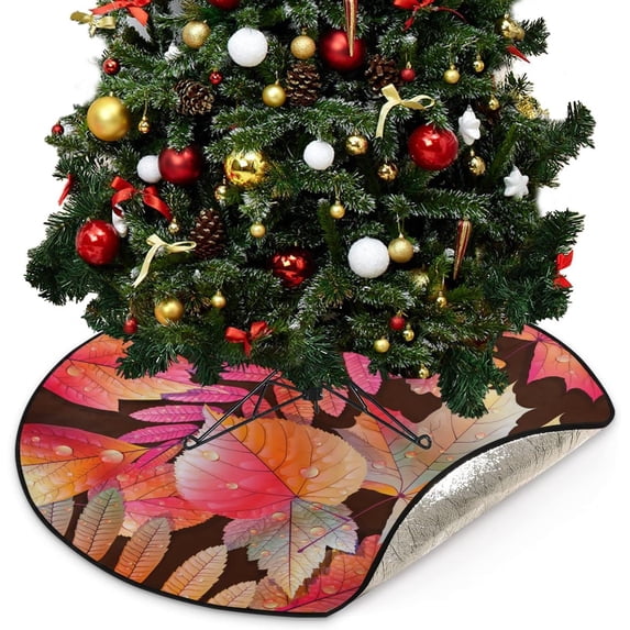 Coolnut Autumnal Wet Leaves Christmas Tree Mats Waterproof Tree Skirt, Vivid Pink Xmas Tree Stand Tray Mat Floor Protector Pad for Holiday Party Decoration, 28.3"
