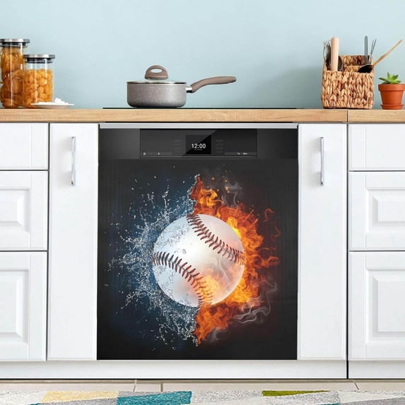 Coolnut Baseball in Fire Water Dishwasher Magnet Cover for The Front Door,Reusable Refrigerator Door Decor Magnet Sticker for Kitchen Home Decor 23" x 26"