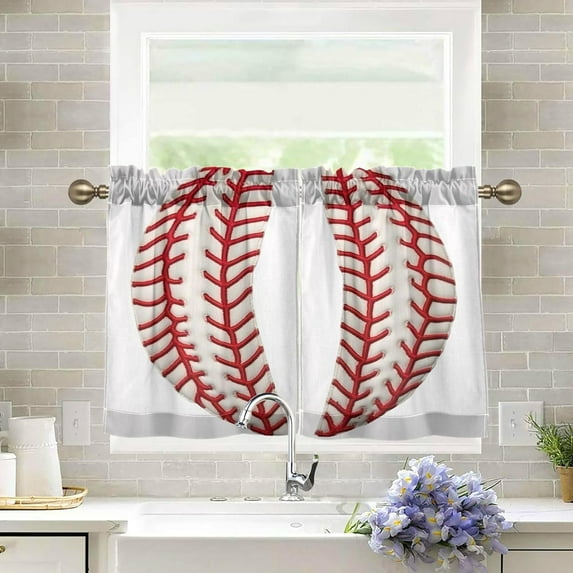 Coolnut Baseball Stripes Half Window Tier Curtains 24 Inch Blackout Thermal Insulating Kitchen Linen Tier Curtains for Kitchen, Bathroom, Cafe Home Decor