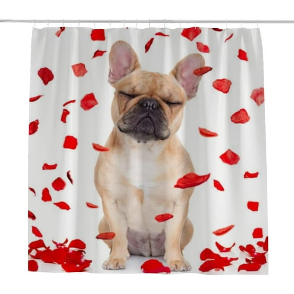 Coolnut Bath Shower Curtain Liners 72"x72", French Bulldog with Red Rose Petals Polyester Waterproof with 12 Curtain Hooks Bathroom Accessories Decoration