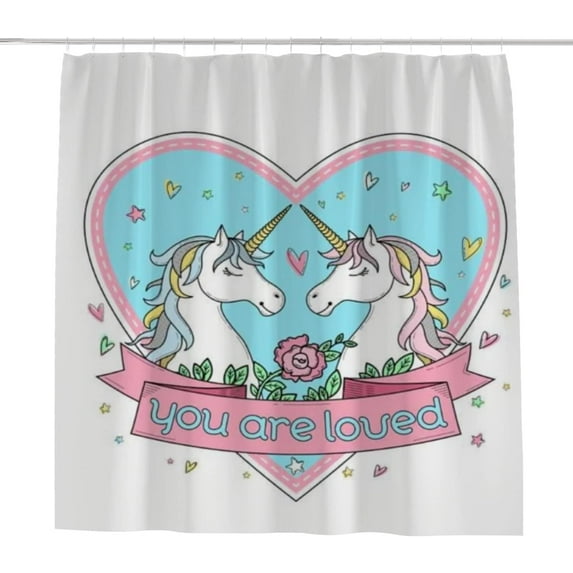 Coolnut Bath Shower Curtain Liners 72"x72", Heart Shape Frame with Two Unicorns Polyester Waterproof with 12 Curtain Hooks Bathroom Accessories Decoration
