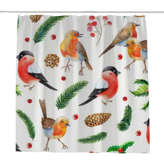 Coolnut Bath Shower Curtain Liners Christmas Watercolor Bird with Leaves 66x72in Polyester Waterproof with 12 Curtain Hooks