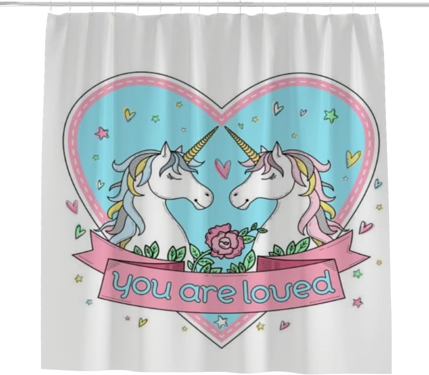 Coolnut Bath Shower Curtain Liners Heart Shape Frame with Two Unicorns