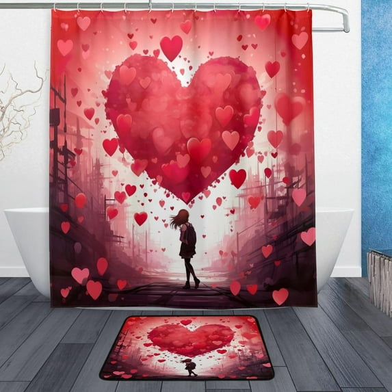 Coolnut Beautiful Love Heart Bath Curtain Rugs Sets 2 Pcs, Bathroom Theme Set with Shower Curtain and Non-Slip Carpet -12 Hooks-60X72in3 Home Decor