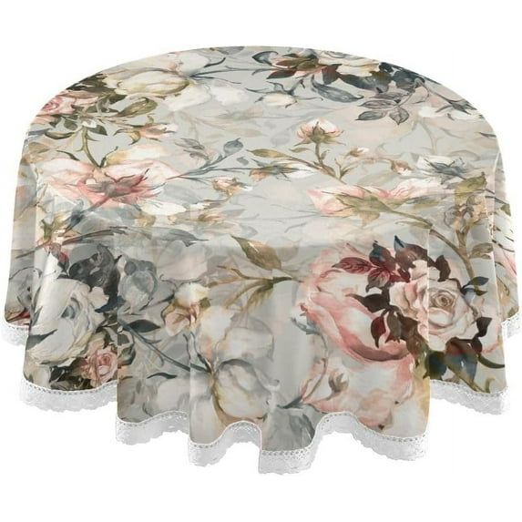 Coolnut Beautiful Rose Round Tablecloth, Wrinkle Free Soft Table Cloth with Lace, 60 Inch Table Cover for Kitchen Dining Tables, Hotels, Banquets, Camping Parties House Decor