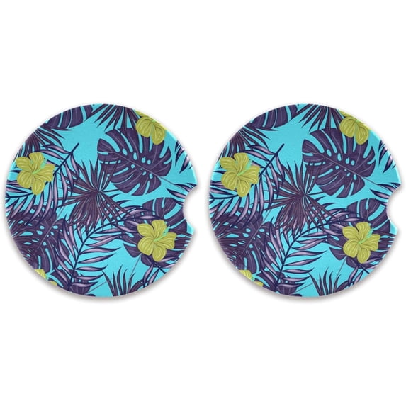 Coolnut Beautiful Tropical Plants Palm Leaves Flowers Car Coasters, Set of 2 Non-Slip Coasters with Finger Grooves for Most car interiors, Unisex Home Decor