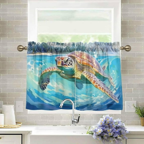 Coolnut Beautiful Turtle Half Window Tier Curtains 36 Inch Blackout Thermal Insulating Kitchen Linen Tier Curtains for Kitchen, Bathroom, Cafe Home Decor