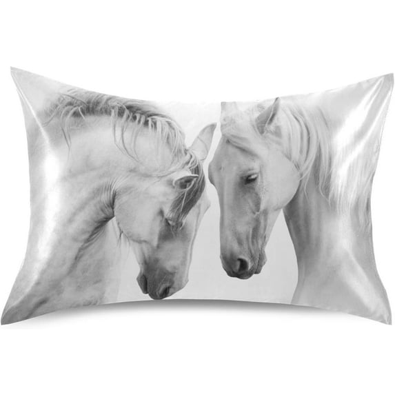 Beautiful White Horse Satin Pillowcase for Hair and Skin Silk Pillowcase, Standard Size(20x26 inches) - Slip Cooling Satin Pillow Covers with Envelope Closure Home Decor Gifts