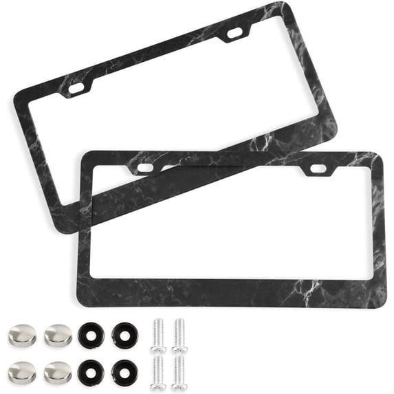 Coolnut Black Marble License Plate Frames 2 Pack, Waterproof Aluminum Alloy Car Tag Holder 2 Holes License Plate Covers with Screw Caps Auto Accessories