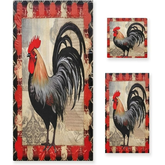 Coolnut Black Red Rooster Towels Absorbent Bath Towels Set Soft & Comfortable Towel Set for Home Hotel Decor, 3 Piece Washcloth Gift