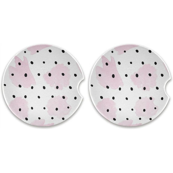 Coolnut Black and Pink Polka Dots 2.5 inch Car Coaster Absorbent Ceramic Stone Drink Holder for Cup Holder 2 Pcs Home Decor