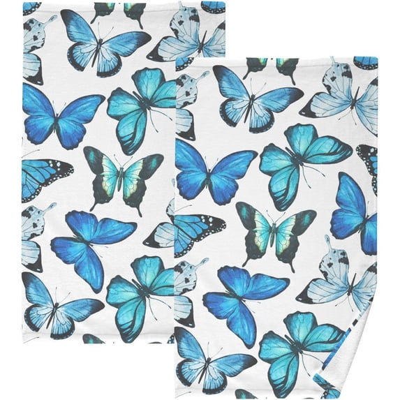 Coolnut Blue Beautiful Butterfly Patterned Hand Towels 2 PCS, Cotton Bath Towel for Drying Face Hands Body Decorative Water Absorbent Lightweight Towels for Bathroom Ktichen Travel Gym, 16"x28"