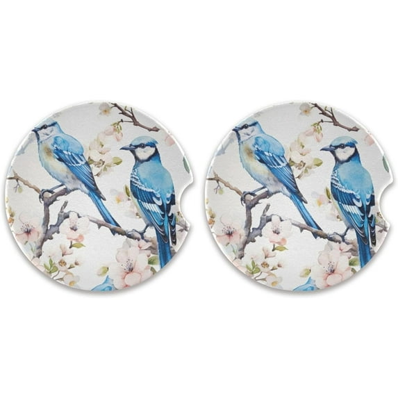 Coolnut Blue Birds White Car Coasters 2 Pack Drinks Absorbent Ceramic Stone Car Coasters with Fingertip Grip Car Cup Holder Coasters Home Decor Gifts