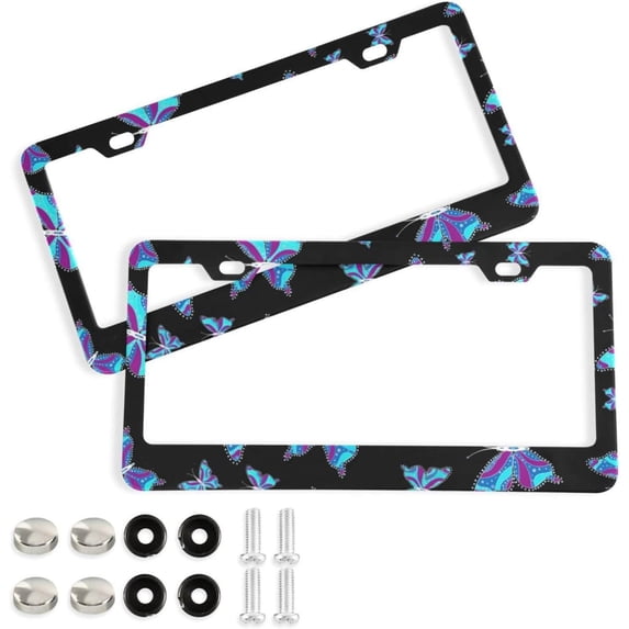 Coolnut Blue Butterfly License Plate Frames 2 Pack, Waterproof Aluminum Alloy Car Tag Holder 2 Holes License Plate Covers with Screw Caps Auto Accessories