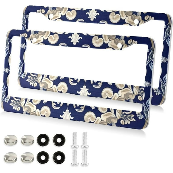 Coolnut Blue Damask Baroque Floral License Plate Frames - Universal Aluminum License Plate Covers with Screws, 2 Pack Holder Car Accessories for Front and Rear Plates Home Decor