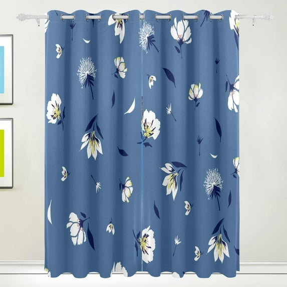 Coolnut Blue Floral Blackout Curtain for Bedroom, 2 Panels Thermal Insulated Blackout Drapes Long Darkening Curtains with Grommets,55"x 72"