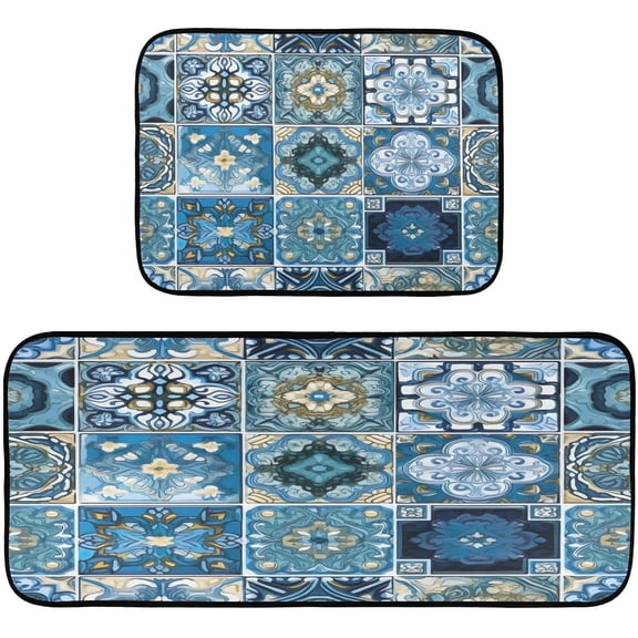 Coolnut Blue Ornate Tile (3) 2 Pieces Kitchen Rugs and Mats Sets,Non Slip Absorbent Floor Mat for Kitchen, Floor Home, Office, Sink, Laundry Home Decor