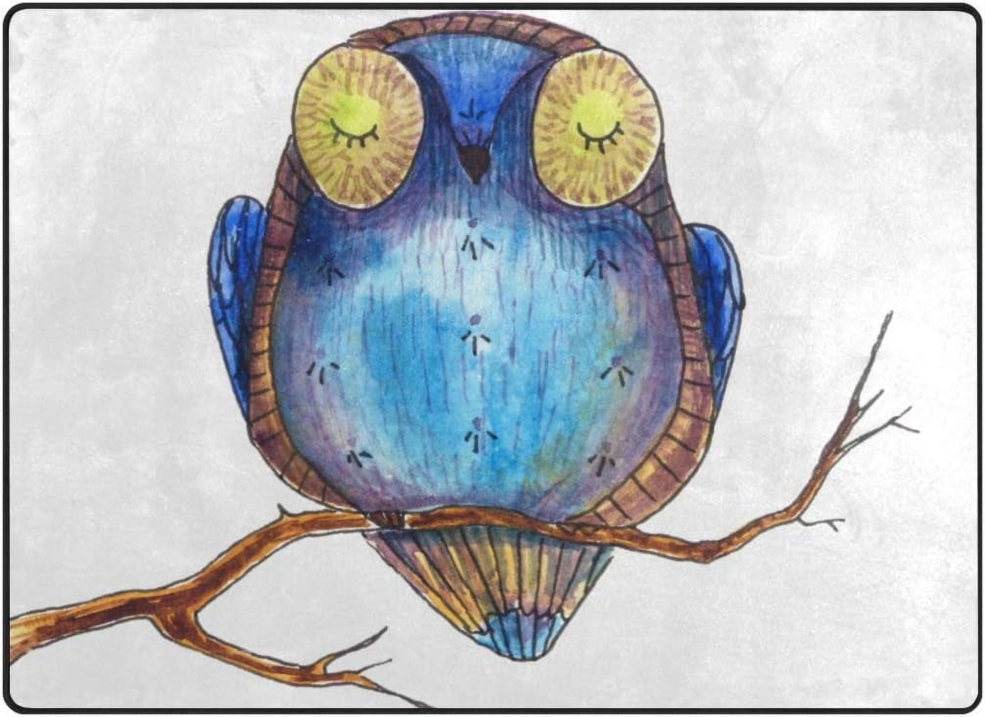 Coolnut Blue Owl On Tree Branch Area Rug Carpet, Light Weight Polyester ...