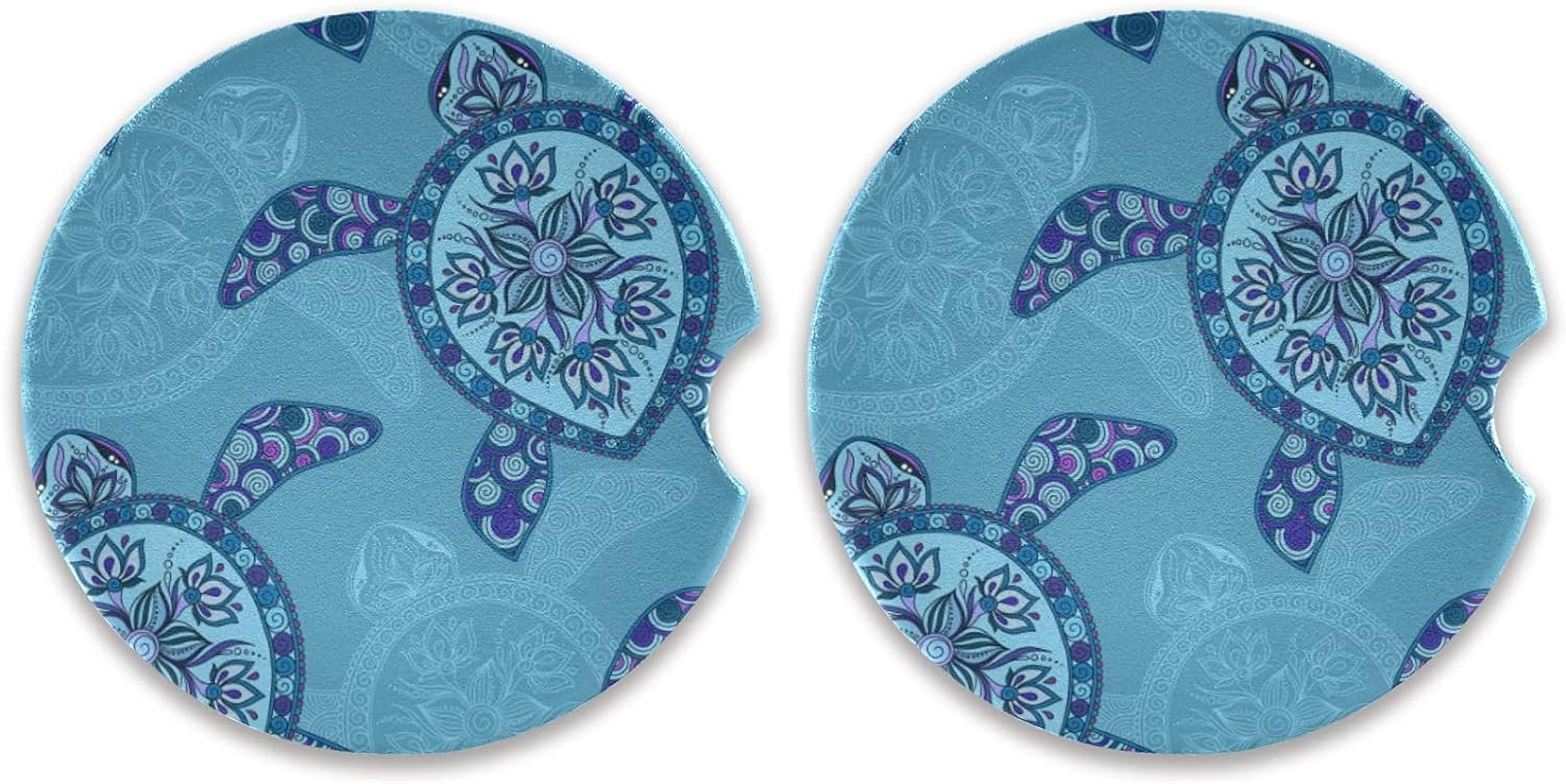 Sea Turtle Ceramic Car Coasters - 2 Pack Absorbent Non-Slip Cup Holders For Car, SUV, Truck, 2.56" Diameter