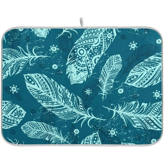 Coolnut Blue Vintage Feather Dish Drying Mat for Kitchen, 18 x 24 Inch Microfiber Absorbent Dish Drying Pad, Machine Washable Kitchen Counter Protect Mats
