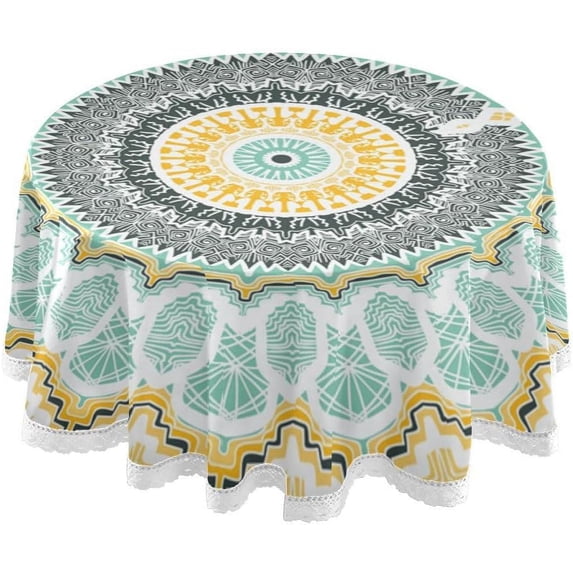 Coolnut Bohemia Round Tablecloth, Wrinkle Free Soft Table Cloth with Lace, 60 Inch Table Cover for Kitchen Dining Tables, Hotels, Banquets, Camping Parties House Decor