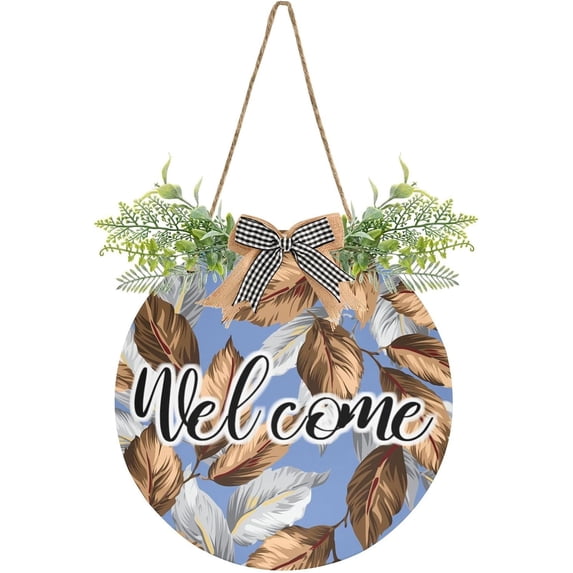 Coolnut Brown and Grey Leaves Front Door Round, Hanging Welcome Sign, Front Door for Home, Farmhouse, Porch, Wall Hanging, Outdoor Home Decor