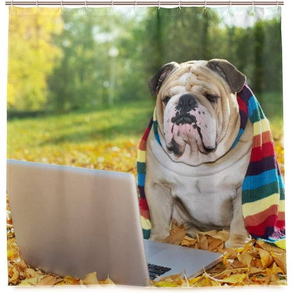 Coolnut Bulldog with Computer Bath Shower Curtain Liners 72"x72", 100% Polyester Waterproof with C-Shaped Curtain Hook Modern Bathroom Decoration 1 Panel