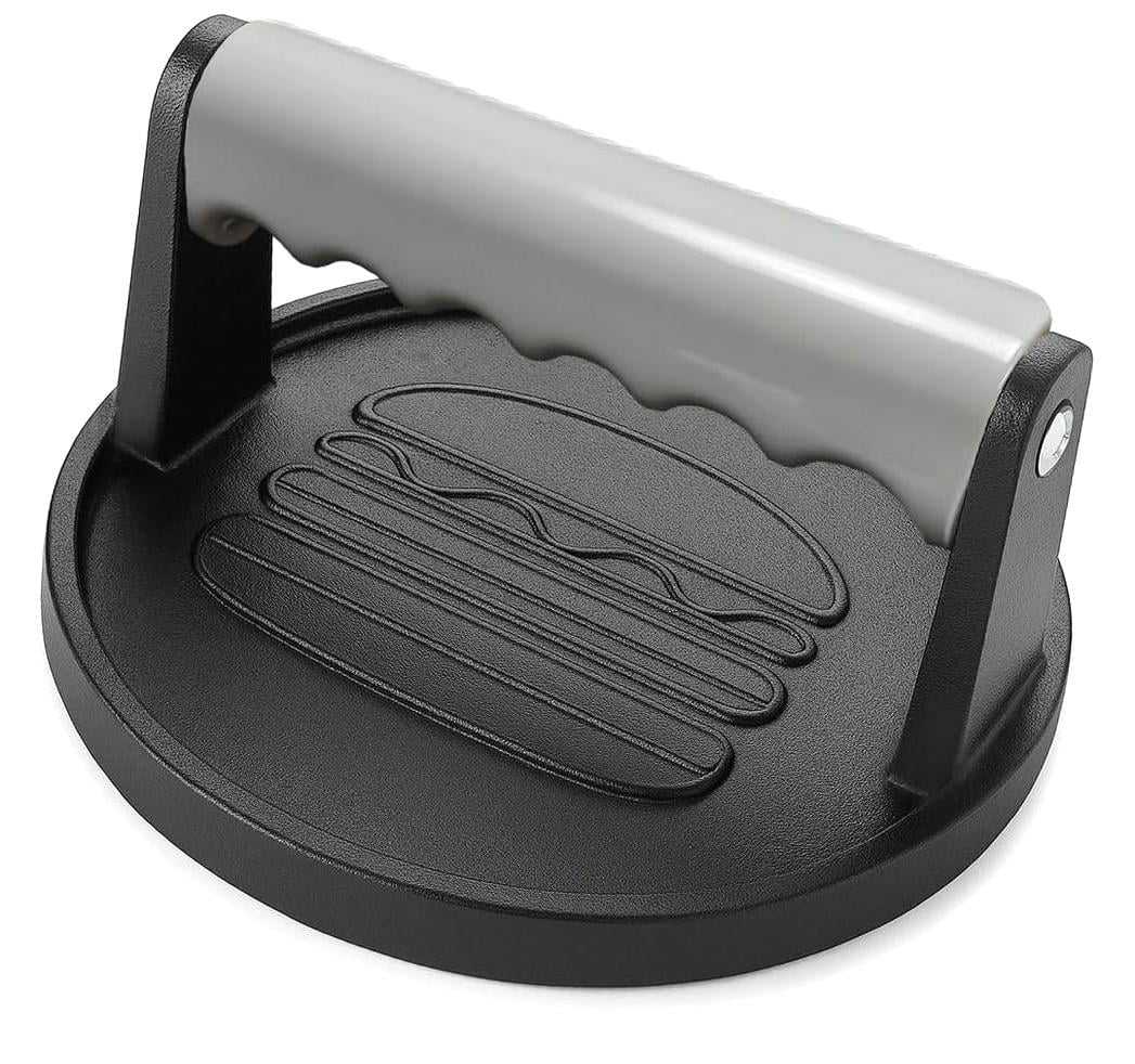 Coolnut Burger Press 6.7-Inch Round Cast Iron Grill Press With Comfortable Silicone Handle Bacon Press With Burger Design For Uniform Grilling