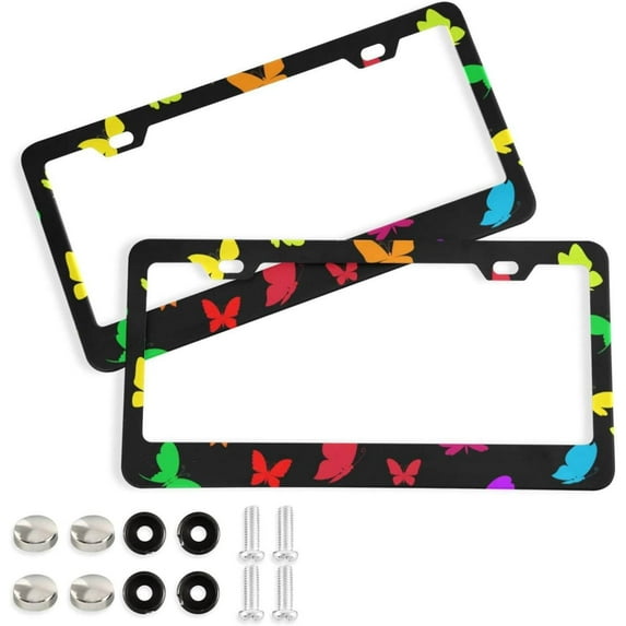 Coolnut Butterflies License Plate Frames 2 Pack, Waterproof Aluminum Alloy Car Tag Holder 2 Holes License Plate Covers with Screw Caps Auto Accessories