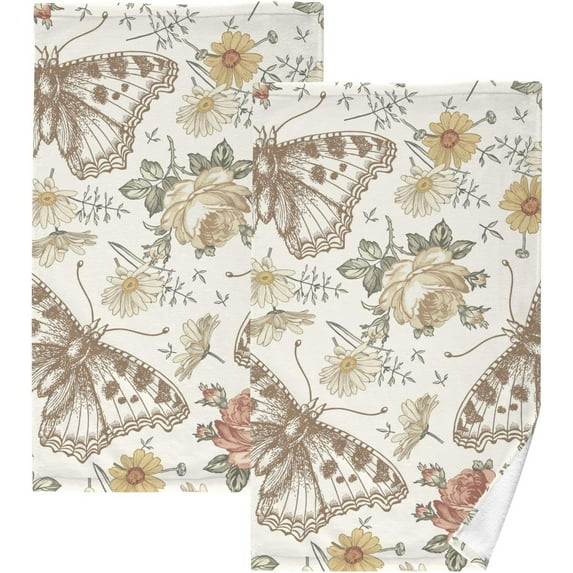 Coolnut Butterfly Cotton Hand Towels, Set of 2 Absorbent Bath Towel Decorative Fingertip Towels for Bathroom Gym Spa Hotel Beach Swimming Pool,16"x 28"