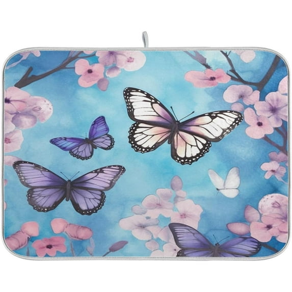 Coolnut Butterfly Flowers Purple Dish Drying Mat for Kitchen Counter, Ultra Absorbent Reversible Microfiber Dishes Drying Rack Pad Heat-resistant Mats 18x24in Home Decor