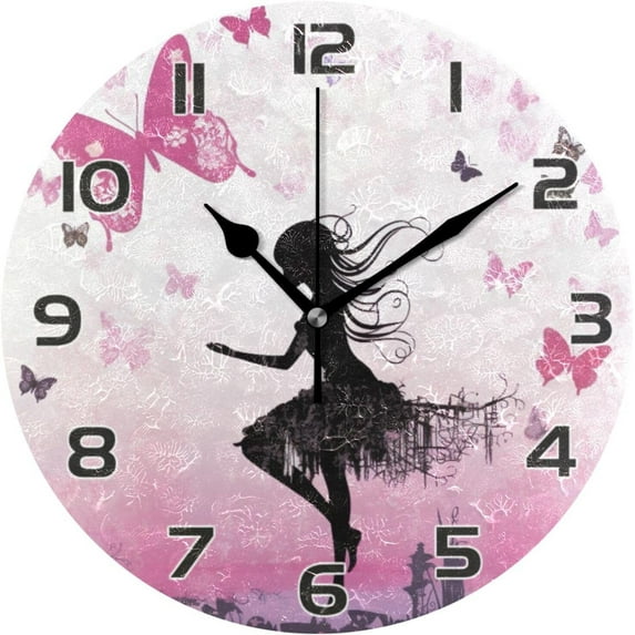 Coolnut Butterfly Girl Wall Clock Round Vintage Silent Non Ticking Battery Operated Accurate Arabic Numerals Design for Home Kitchen Living Room Bedroom 10 Inch Home Decor