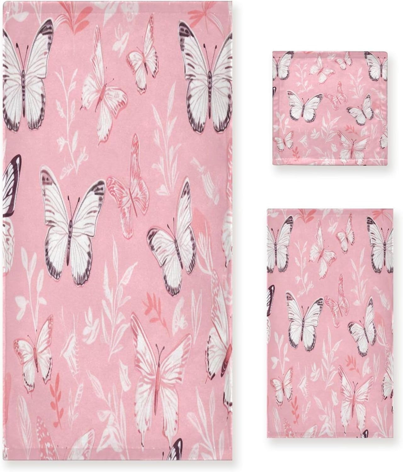 Coolnut Butterfly on Pink Bathroom Towel Set of 3 with Hand Towel, Wash Cloths & Bath Towel ...